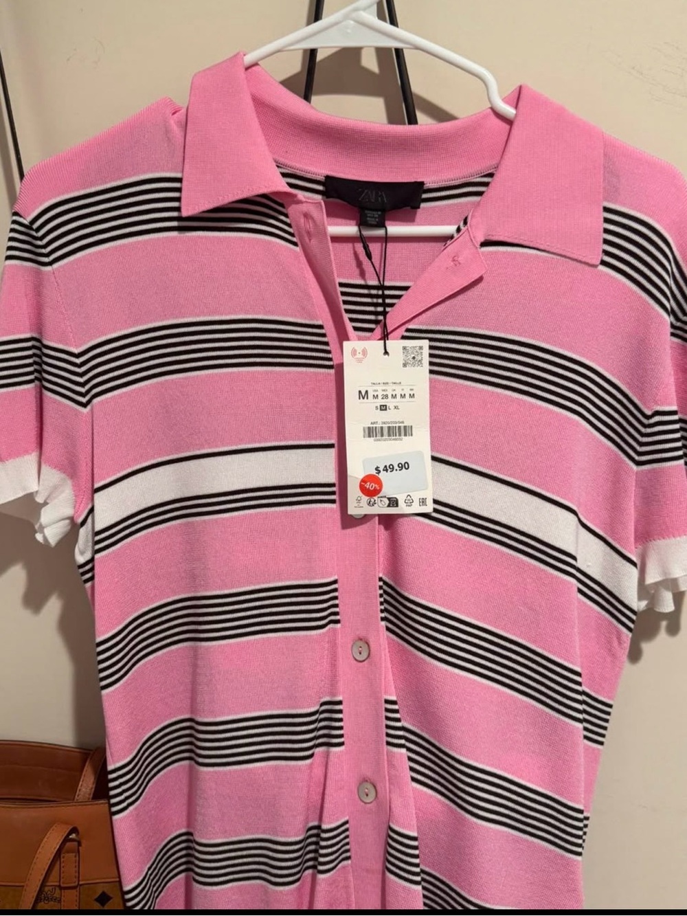 Zara Pink & White Striped Polo Button-Down Shirt
